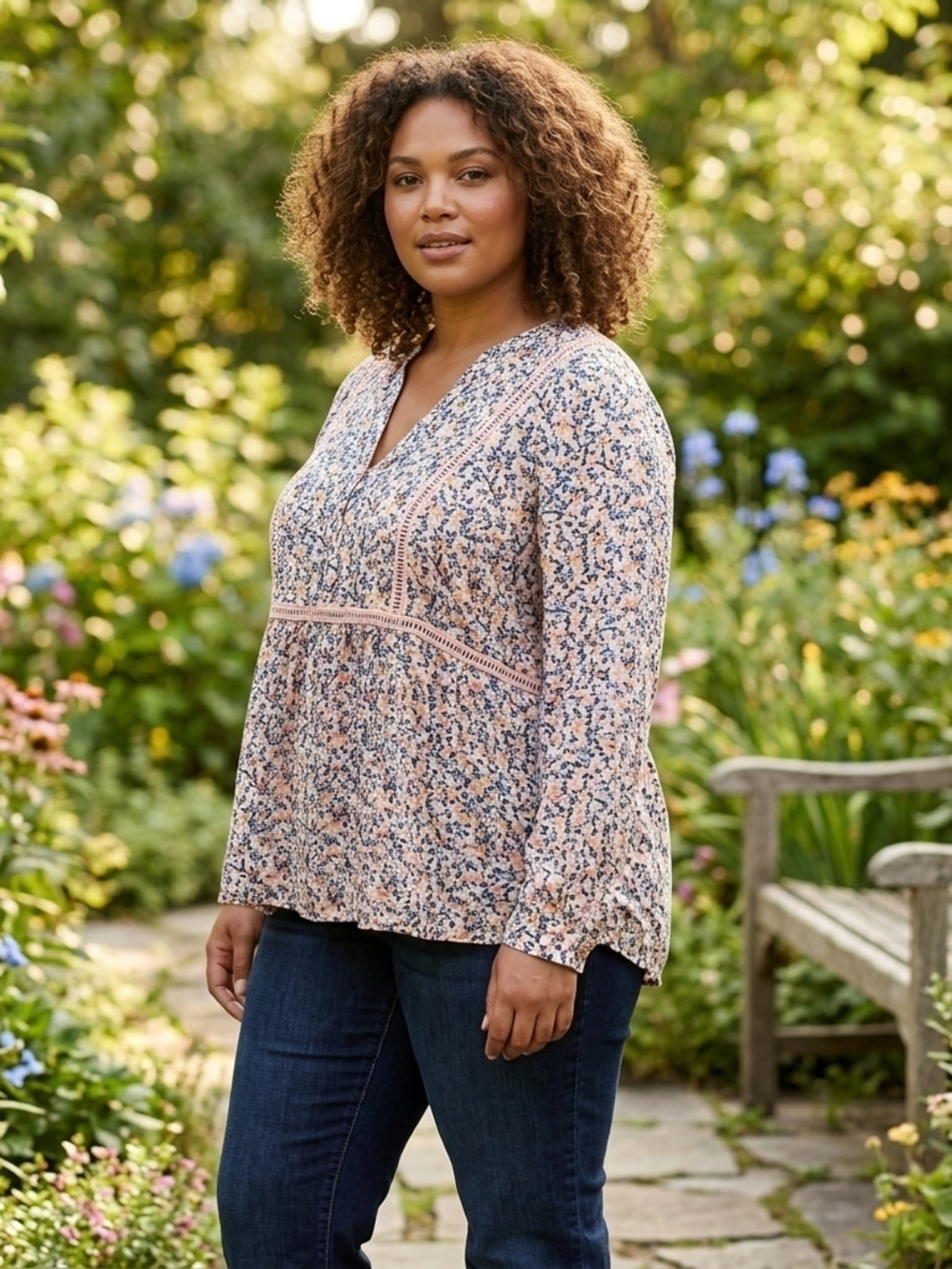 Mudd Pink and Blue Floral V-Neck Peasant Top